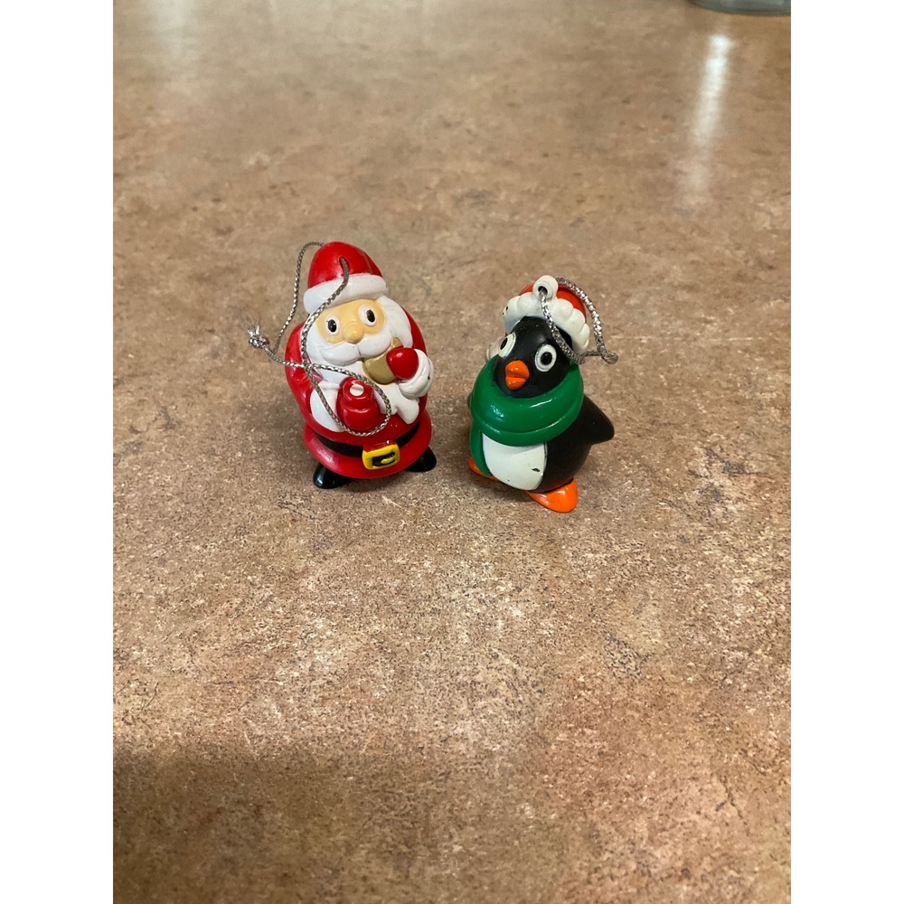 Vintage Mini Christmas Ornaments Set Santa Claus and Penguin PVC Figures 1.75in